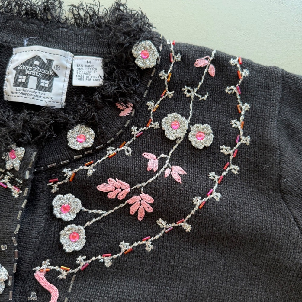 Storybook Knits Vintage M Black Floral Beads Fringe Cardigan Sweater Cottagecore - Picture 8 of 16